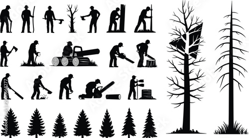 Forestry Lumberjack Tree Cutting Logging Worker Chainsaw Axe Forest Pine Silhouette Icons Collection Nature Woodland Industry Set