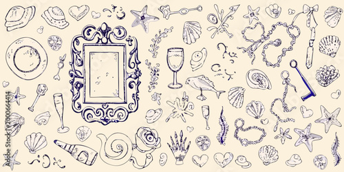 marine fantasy elements with ornate mirror and shells on beige background high quality professional detailed