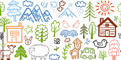 childlike rural scene with houses animals trees and sun high quality professional detailed modern elegant