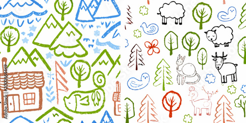 childlike rural life pattern with trees animals and house high quality professional detailed modern elegant