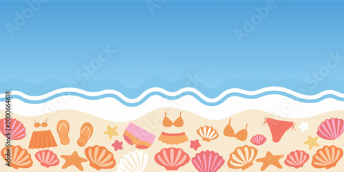 beach scene with colorful shells flip flops and swimwear against blue sky high quality professional