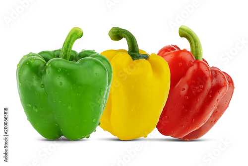 Three fresh green, yellow and red bell peppers on white background with clipping path