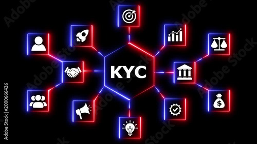 Kyc know your customer neon hexagon concept animation. Kyc know your customer business neon hexagon concept animation with glowing lines and icons motion graphic.