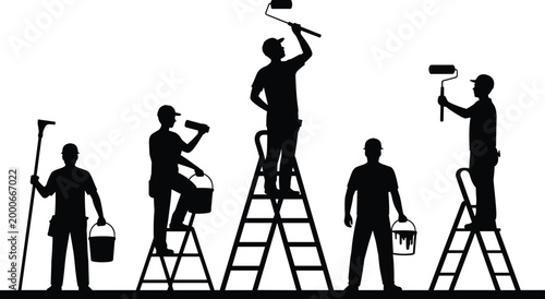 Professional house painter silhouettes set, painting workers with ladders rollers buckets, home renovation service vector collection isolated