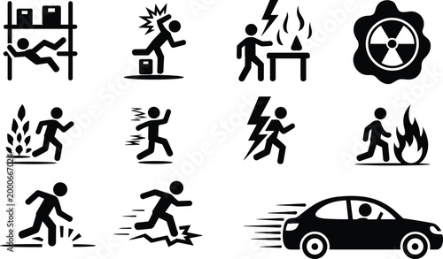 Safety hazard warning icons set, workplace accident emergency danger symbols, fire electric radiation risk vector collection isolated