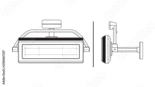 Detailed technical drawing of a rectangular industrial work light fixture with adjustable mounting bracket, presented in front and side elevation views.