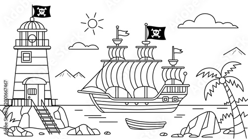 Pirate ship and lighthouse scene with palm trees on a rocky coast lighthouse adventure illustration