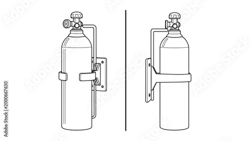 Line art illustration of a portable gas cylinder, possibly an oxygen tank or fire extinguisher, securely mounted on a wall bracket for medical or industrial safety applications.