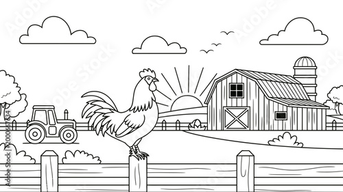 Rooster standing on fence post at sunrise on farm with tractor and barn line art countryside agriculture