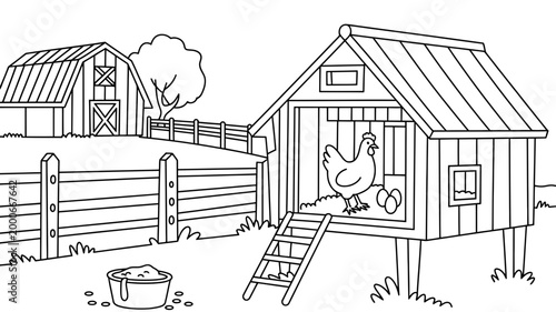 Chicken in coop with eggs on a farm line art illustration agriculture livestock illustration countryside