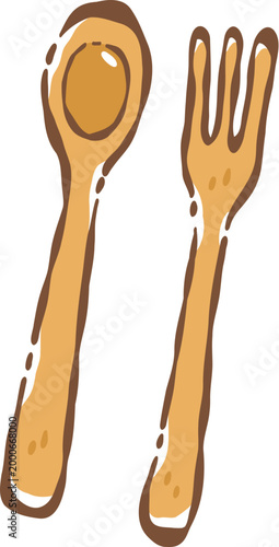 Wooden spoon wooden fork kitchen utensil eating utensil cutlery set hand tool dining tool rustic style brown handle simple illustration