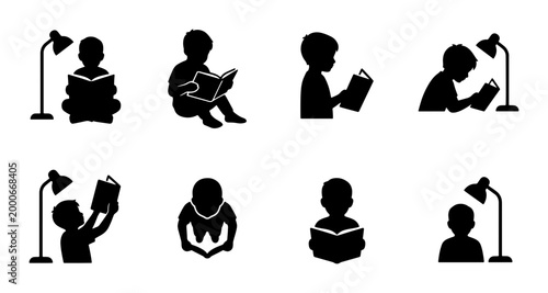 Quadro su tela Minimalist child reading book silhouette icons, set of 8 vector pictograms of ki