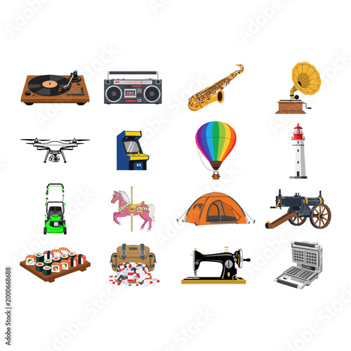 A vector collage of various objects and items from different categories
