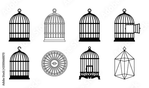 Tableau sur toile Collection of Bird Cages, Vintage and Modern Designs, SVG Icons for Freedom and