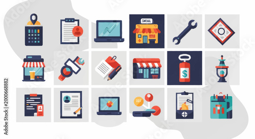 Collection of Modern Flat Icons Representing Business and Services.