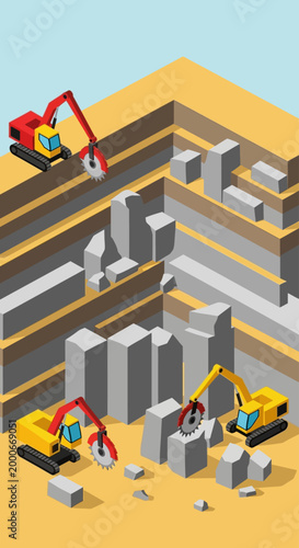 Isometric Mining Industry Vector Illustration, Coal Mining Excavator, Heavy Equipment, Industrial Landscape