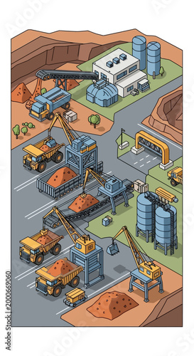 Isometric Mining Industry Vector Illustration, Coal Mining Excavator, Heavy Equipment, Industrial Landscape