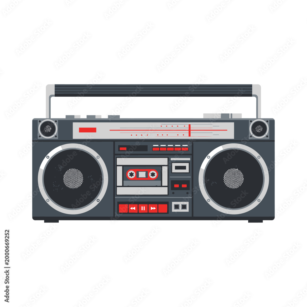 Fototapeta premium Retro boombox vector illustration of vintage audio cassette player with speakers