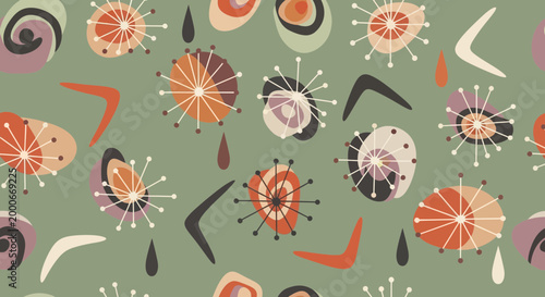 A mid-century seamless pattern featuring a vector illustration of flowers and abstract shapes in a vibrant, repeating design.