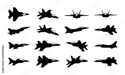 Bild auf Leinwand Military fighter jet silhouettes, set of 16 modern combat aircraft vector icons,