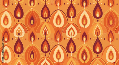 A mid-century seamless pattern of vector flame icons in orange hues