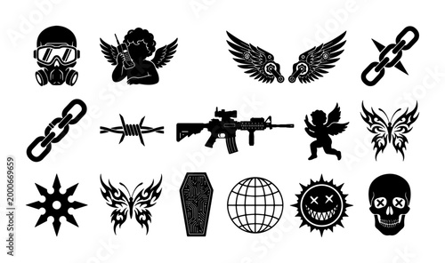 Fotografie Y2K streetwear vector icons set, edgy gothic tattoo elements, 15 black aesthetic