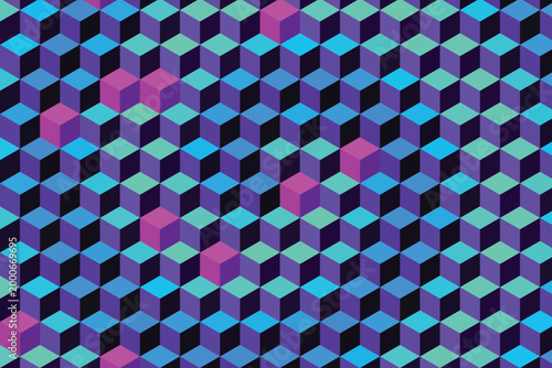Seamless isometric cube pattern with vibrant blue, purple, and teal color scheme cubes geometric