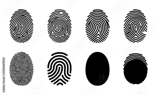 Canvastavla Black fingerprint icons set, biometric identification symbols, 8 unique thumbpri
