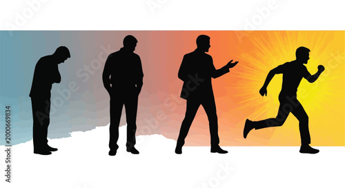 Silhouettes of a man transitioning from sadness to success in a vector illustration on white background