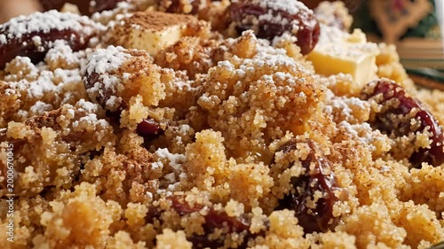 Closeup of delicious couscous with dried fruits and nuts.