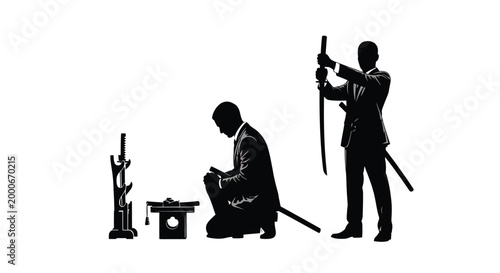 Silhouette vector illustration of businessmen practicing samurai sword skills in formal attire on white background