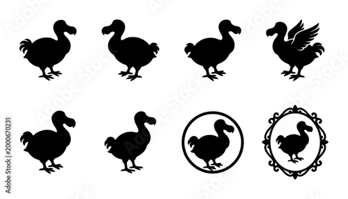 Obraz na płótnie Vintage dodo bird silhouette collection, 8 black extinct animal vector icons, fl
