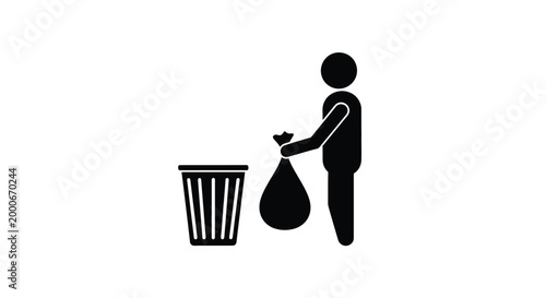 Minimalist vector illustration of a person disposing waste into a bin on white background
