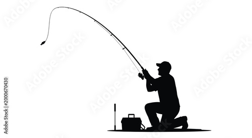 Silhouette illustration of a fisherman reeling in a catch with a fishing rod and tackle box on white background