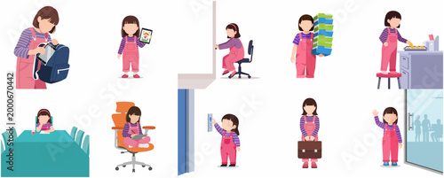 Diverse Daily Life Activities of a Young Girl in a Pink Overalls Collection