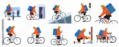 Flat Design Illustration Series of a Cyclist Delivery Person Performing Various Tasks in Urban Environments