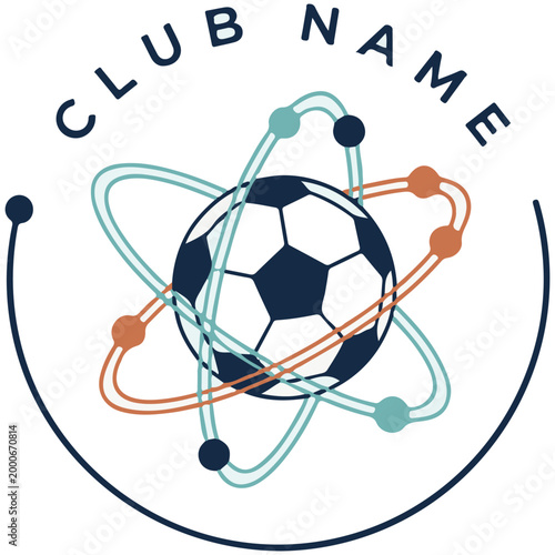 Soccer ball atom logo template with orbits and electrons vector illustration isolated on white background