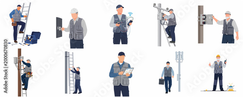 Collection of Illustrated Male Utility Workers Performing Various Tasks on Ladders and Poles