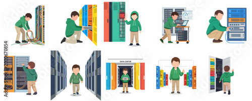 Flat Style Illustrated Child Character Working with Server Rack and Network Equipment in Data Center