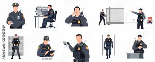 Flat Design Security Personnel Collection Illustrating Various Professional Security Guard Duties and Scenarios
