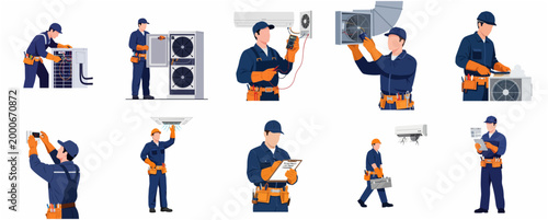 Multiple Professional HVAC Technician Characters Performing Installation, Repair, and Maintenance Tasks