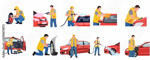 Flat Design Car Detailing Service Process Steps Showing Multiple Automotive Cleaning Actions