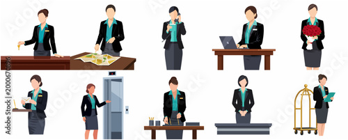Professional Hotel Staff Performing Various Hospitality Services and Duties