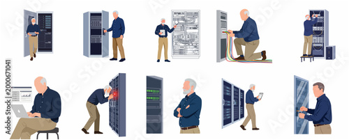 Senior Man Working with Server Racks and Computer Equipment in Data Center Environment