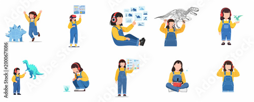 Flat Design Illustration Set Showing a Young Girl Interacting with Dinosaur Exhibits and Educational Content Through Technology
