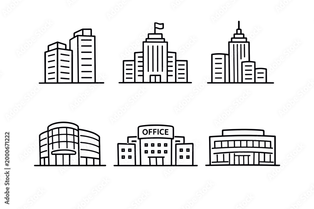 Obraz premium Minimal city buildings icon set in clean outline vector style