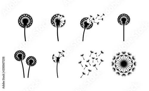 Foto Black dandelion silhouette icons set, minimalist floral vector elements, blowing