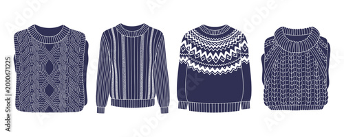 Four knitted sweaters with different patterns, vector illustration.
