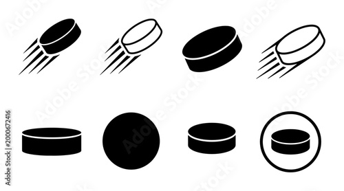 Canvas Print Ice hockey puck icon set, flying puck with motion lines vector, black and white