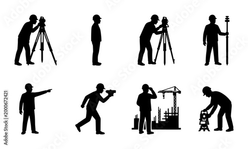 Quadro su tela Land surveyor silhouettes set, construction engineer with theodolite and total s